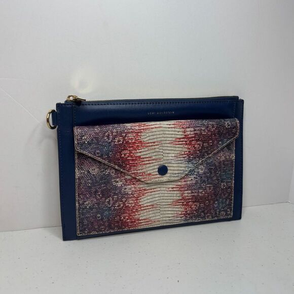 Lori Goldstein Leather Large Envelope Navy Snake Print Pouch Womens NWOT - Picture 3 of 10